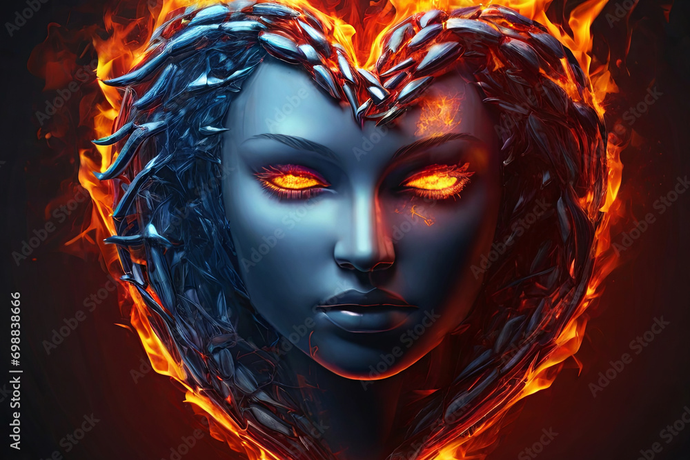 Fiery human head Stunning fire & ice heart symbolizes love, passion, duality. Perfect for web, print, expressing emotions.