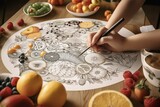 Coloring page featuring fruit counting activity. Generative AI