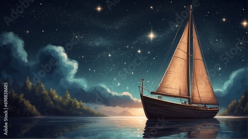 Illustration of a sailing ship in the midnight sea. Midnight M Unconventional Freedom.