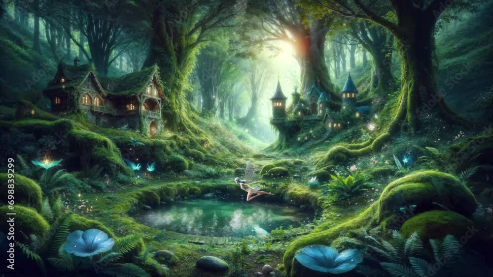 Fairy village, mysterious forest, flying fairies Fairy village, mysterious forest, flying fairies