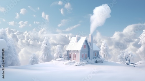 3D Render Snowy Landscape with a Cozy Cottage, Winter Scene, Festive Cabin, Holiday Getaway