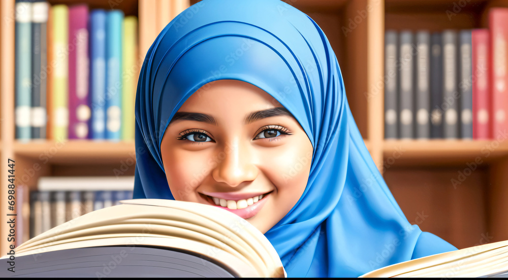 A cute young Muslim girl student smiling and happy with an open book on library background. Concept of education and learning for all. A cute young Muslim girl student smiling and happy with an open book on library background. Concept of education and learning for all.
