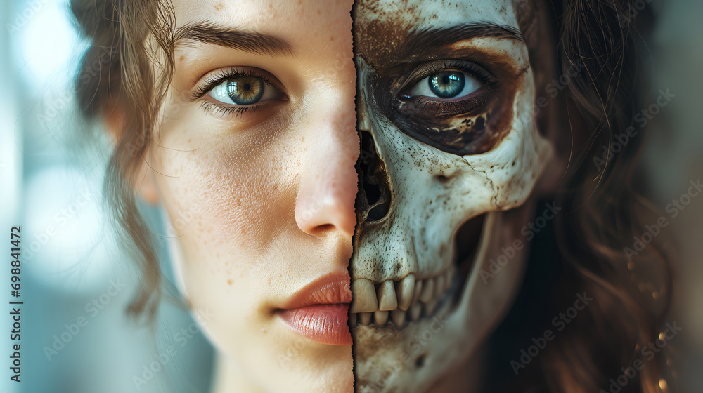 Half face and half skull of a girl showing skin over bone structure. Beauty is skin deep concept - obrazy, fototapety, plakaty 