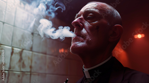 A priest smoking a cigarette in a seedy toilet photo