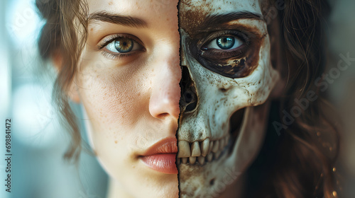Half face and half skull of a girl showing skin over bone structure. Beauty is skin deep concept