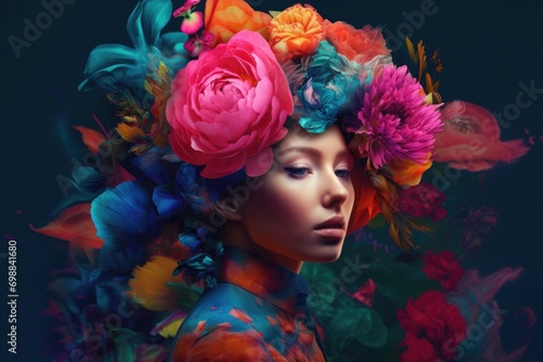 Visual art photo manipulation with woman and pink flowers on her head © Алина Бузунова