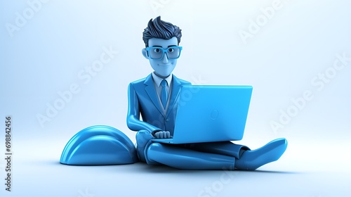 3D Render Entrepreneur Using Laptop with Blue Icons, Technology, Entrepreneurship, Style