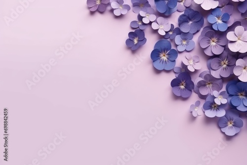 Frame made of beautiful purple pansy flowers on light violet background with copy space. Floral spring backdrop. Border for design greeting card or banner for wedding, mother or woman day