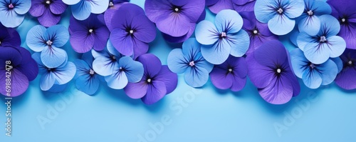 Frame made of beautiful violet and purple pansy flowers on light blue background with copy space. Floral spring backdrop. Border for design greeting card or banner for wedding, mother or woman day #698842478