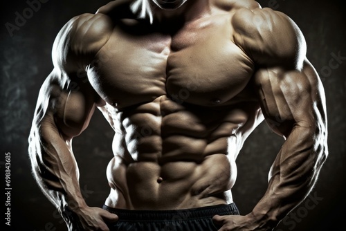 Close-up of muscular male torso from bodybuilding. Generative AI