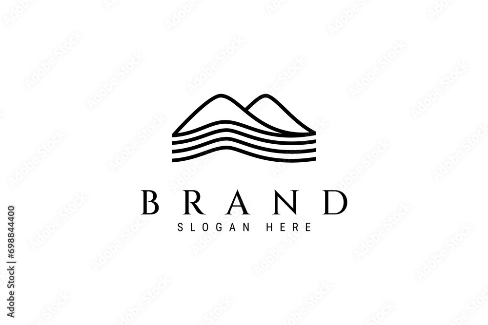 mountain landscape logo with waves in linear design style. - obrazy, fototapety, plakaty 