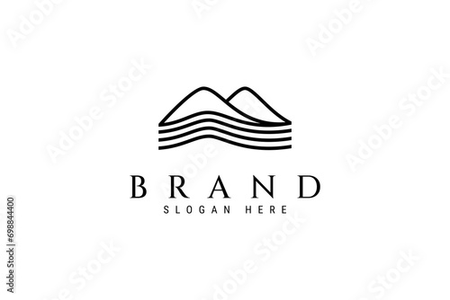 mountain landscape logo with waves in linear design style.