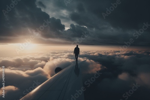 A person stands on a jetliner wing gazing at it as it flies through clouds. Generative AI