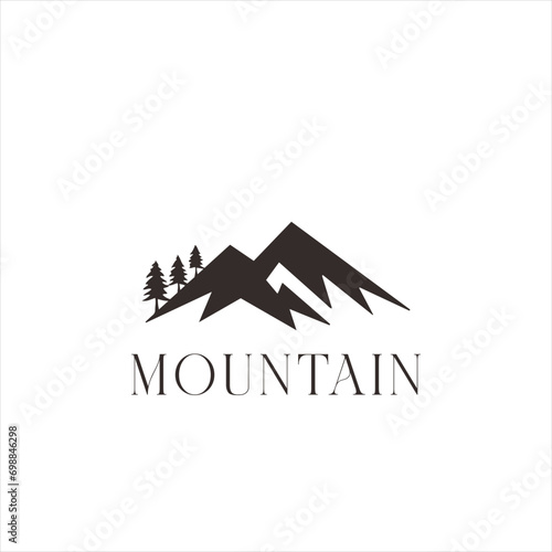 Mountain peak summit logo design. Outdoor hiking adventure icon set. Alpine wilderness travel symbol. Vector illustration.