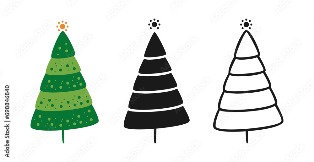 Obraz premium Christmas tree symbol cartoon and doodle, stamp stylized set. New Years and xmas traditional pine happy design for greeting card, invitation, banner, poster. Christmas trees abstract hand drawn vector