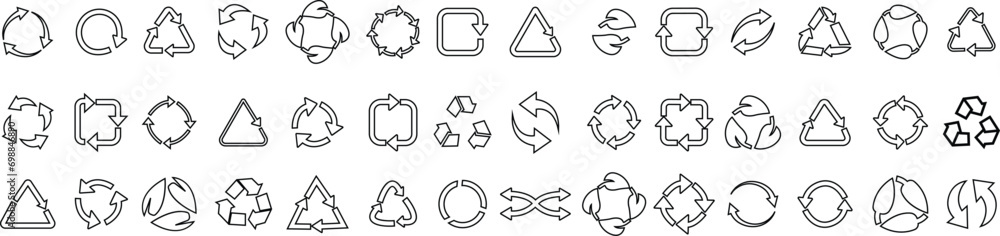 Set of Black linear Recycle icons. Rounded angles. Ecology, Bio rotation arrows, leaf symbols editable stock that revolve endless Reuse concept Recycled. Signs illustration on transparent background.