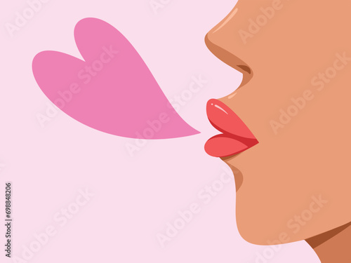 Face from side view close up with red lipstick lips and tanned skin. Duck face  kissing gesture with heart decoration vector illustration isolated on plain pink horizontal ratio background. 