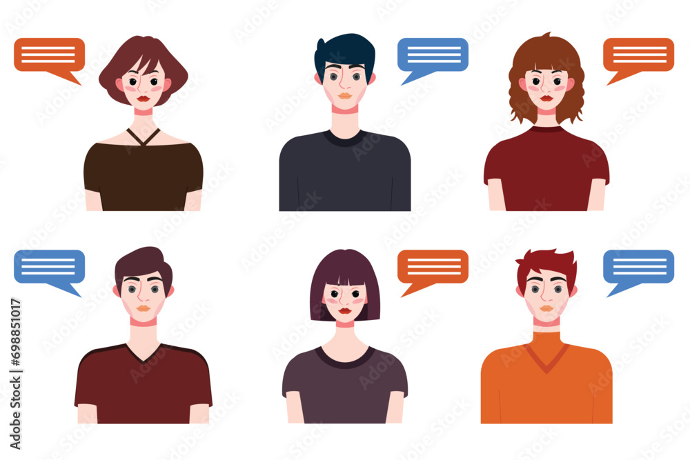 Set of young people avatars with speech bubbles. Vector illustration. Set of young people avatars with speech bubbles. Vector illustration.