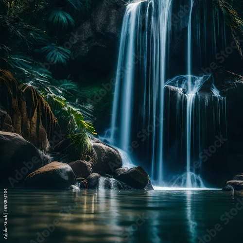 nice waterfall near the greenery in the jungle with small rocks  photo