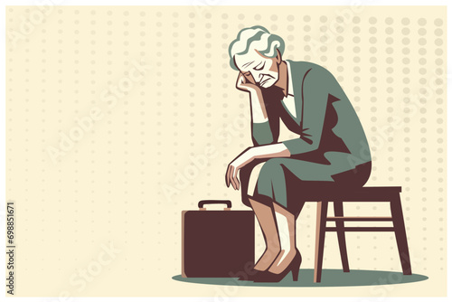 senior old elderly woman, sitting alone,  feeling sad lost depression, crisis financial living concept , minimal comic flat design, vector art illustration 