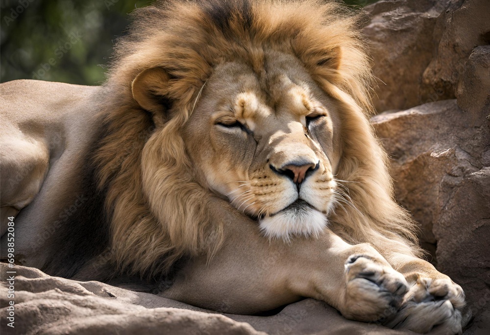 Portrait of a male lion lying on a rock looking at the camera
