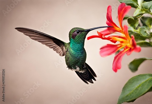 Green-throated Hummingbird in flight with red flower.