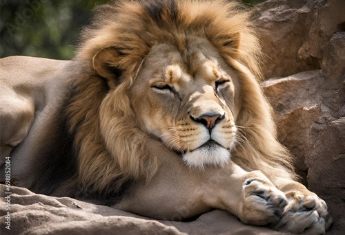 Portrait of a male lion lying on a rock looking at the camera