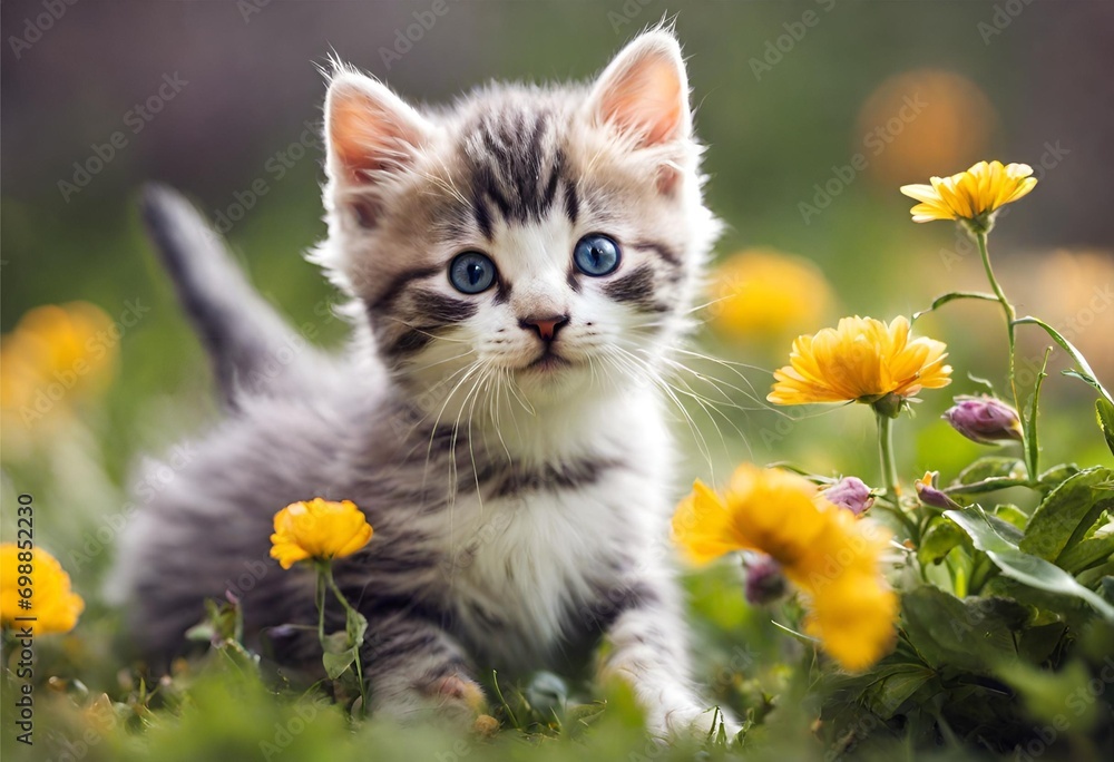 Cute little kitten on the grass with yellow flowers in the garden
