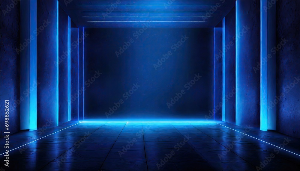 A minimal of the blue neon light in the empty hall for design purposes. A minimal of the blue neon light in the empty hall for design purposes.