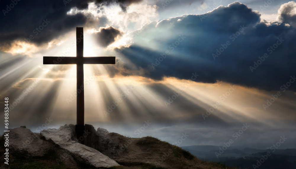 Powerful image of dramatic sky over Golgotha Hill, symbolizing the passion of Jesus Christ on the cross