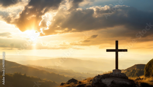 Powerful image of dramatic sky over Golgotha Hill, symbolizing the passion of Jesus Christ on the cross photo