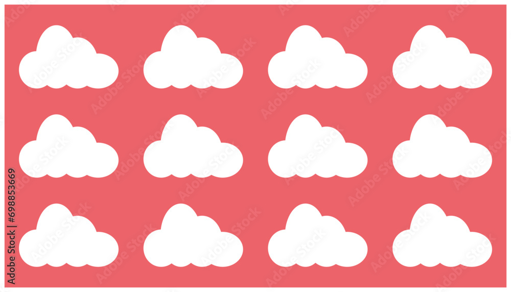 Clouds vector seamless pattern on pink background. Collection of white clouds.