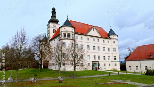 Schloss Hartheim In Scenic Landscape Of Austria - Aerial Drone Shot photo