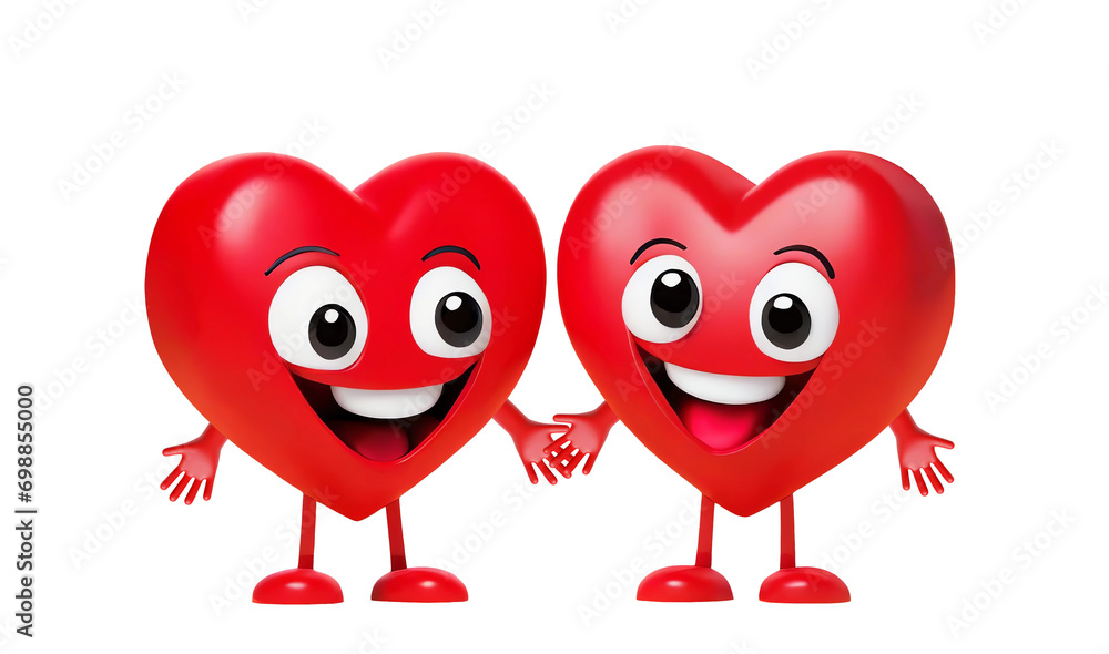 Two cute hearts in 3d style smiling holding hands, isolated cutout on transparent Two cute hearts in 3d style smiling holding hands, isolated cutout on transparent