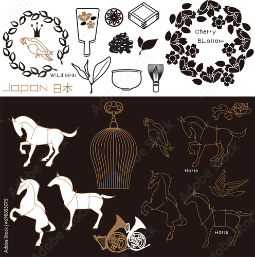 日本の伝統的な雰囲気のあるベクターイラスト集め。細い線で描いたラインアート、和風シンボルマークのまとめ。馬、鳥、鳥カゴ、ホルン、茶碗、茶筅、升、あずき、茶葉、桜