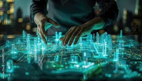 Planner's hands manipulating a 3D holographic model of a smart city complete with glowing traffic patterns