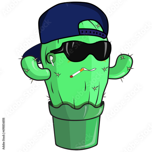 A cartoon cactus in a flower pot in the guise of a bad guy.