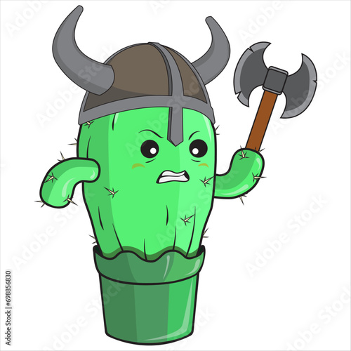 Cartoon cactus in the image of a Viking wearing a helmet and wielding a battle axe.