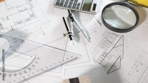 Architectural project workplace. Top view of house plan blueprint paper with repair tools on table desk at architecture office, Engineering architect design tools concept