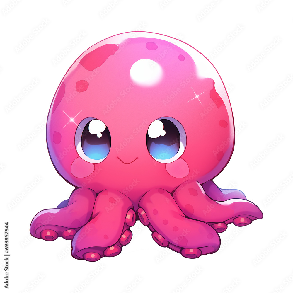 Fototapeta premium Cute pink cartoon octopus isolated on transparent background. Funny underwater animal. Marine theme, undersea world concept. Childish character for design print, card, clothes, sticker
