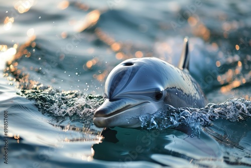 dolphin swimming in the sea at sunset, closeup of photo