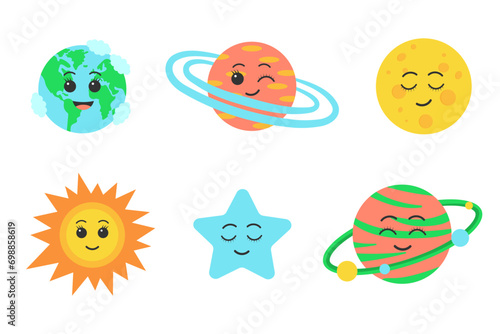 Cute kawaii planet character set. Funny faces of Earth, sun, moon, star and planets. Cartoon flat vector illustration.
