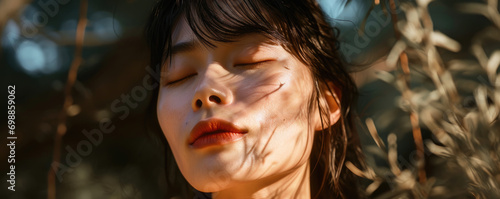 Portrait close up of beautiful asian woman with eyes closed in the sunlight  wellness concept