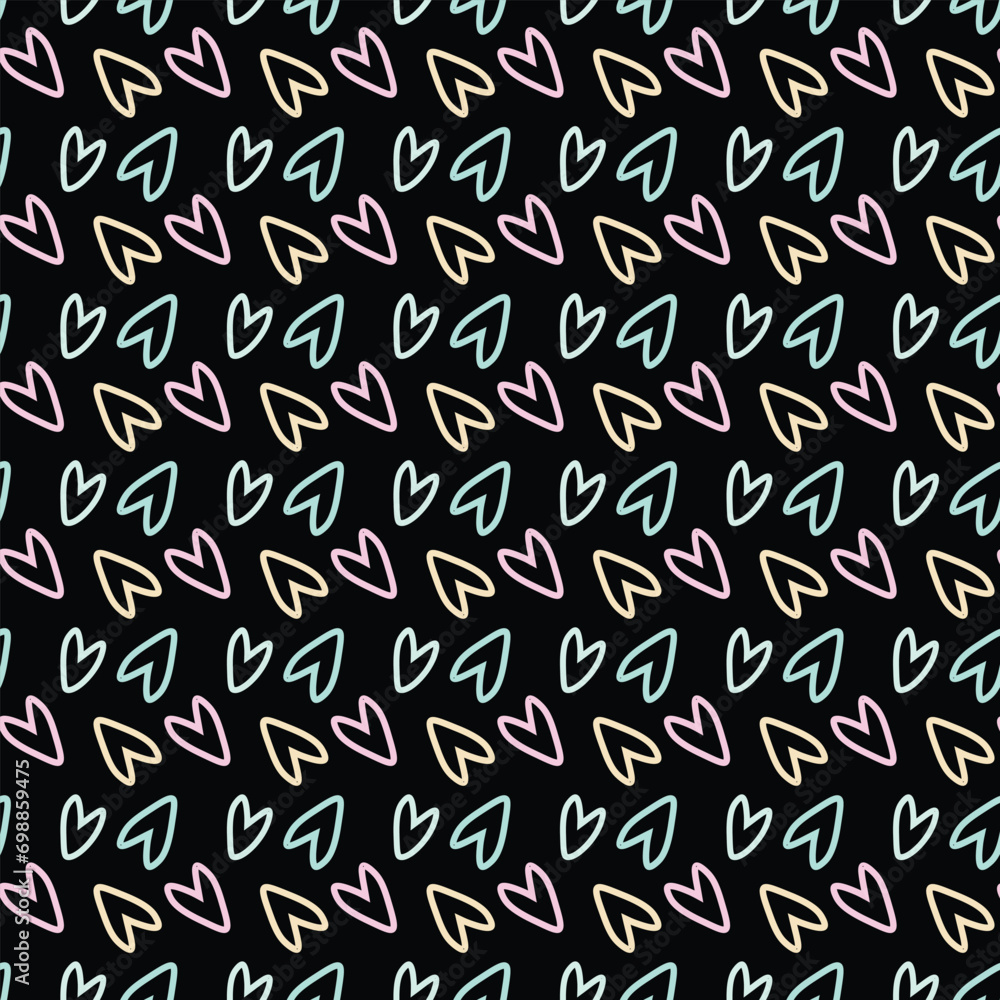 Repeated outlines of hearts drawn by hand. Romantic seamless pattern. Endless cute print.