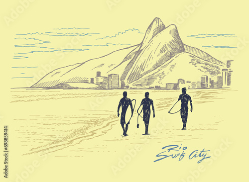 Vector illustration of silhouette of surfers walking on the beach with tropical landscape in the background. Art in stripped strokes, in simple strokes in sketch style. Drawing for print on t-shirts, 