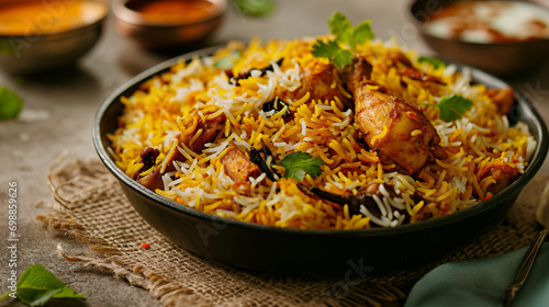 Chicken biryani served with fragrant steamed basmati rice  a gourmet delight
