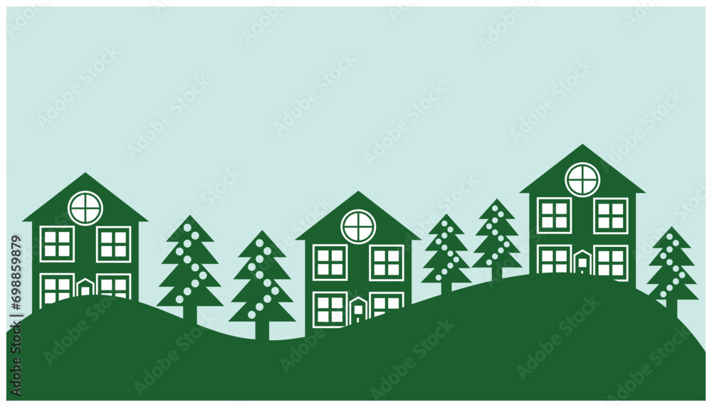 Houses on the hill with coniferous trees. Vector illustration. collection of houses in the mountains surrounded by pine trees. Home design elements, property, housing,