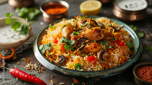 Chicken biryani served with fragrant steamed basmati rice, a gourmet delight photo