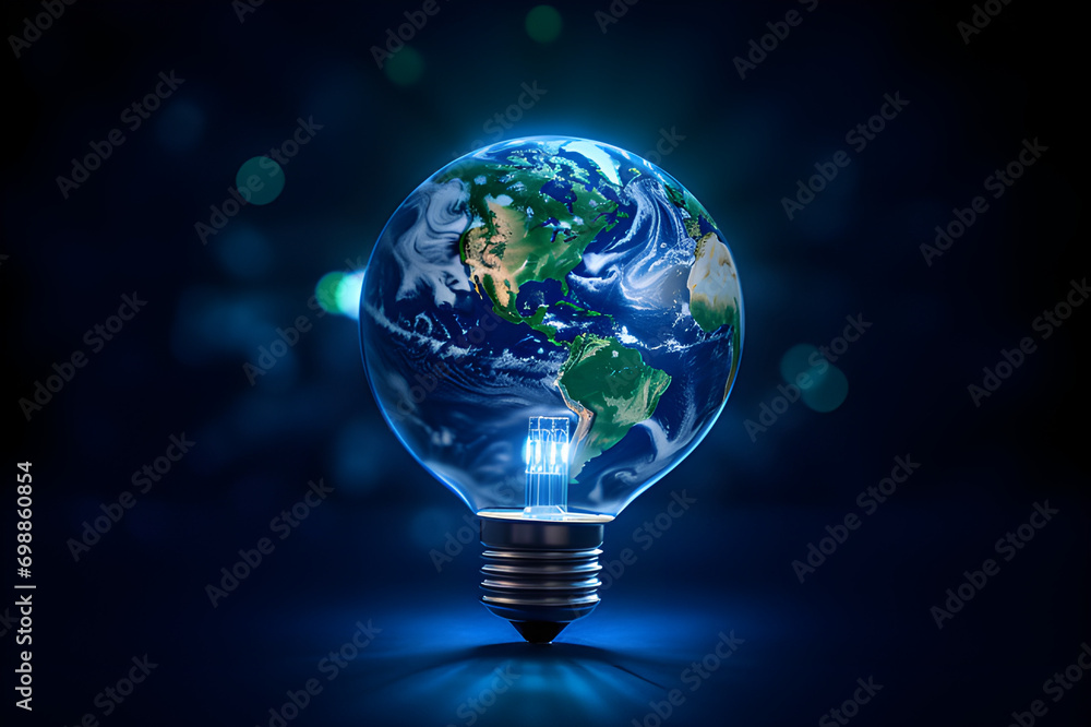 Globe transforms to bulb in blue expanse—Renewable Energy, Environmental Protection. Globe transforms to bulb in blue expanse—Renewable Energy, Environmental Protection.