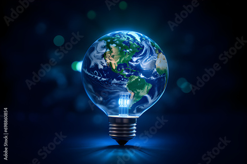 Globe transforms to bulb in blue expanse—Renewable Energy, Environmental Protection.